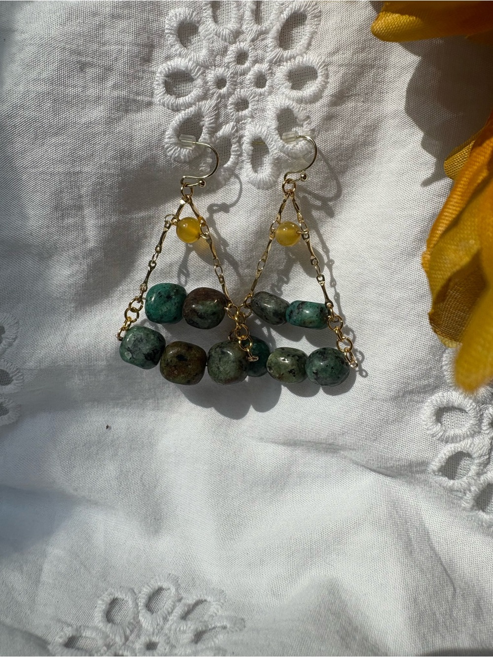 Gold-Chain Green Bead Dangle Earrings